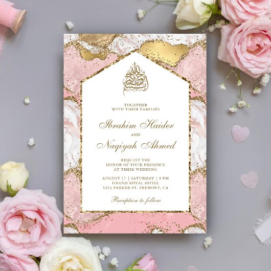 Invitation Mariage musulman en marbre blanc rose vif