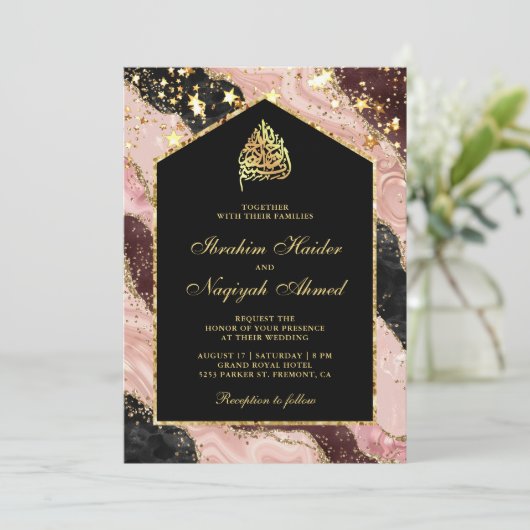 Invitation Mariage musulman en marbre noir rose vif (Debout devant)