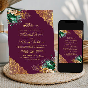 Invitation Mariage Musulman Fleur Émeraude Broderie Or Liseré