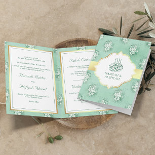Invitation Mariage Musulman Floral Blanc et Vert Menthe Rusti