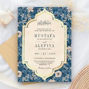 Invitation Mariage Musulman Floral Bleu Or Crème Vintage