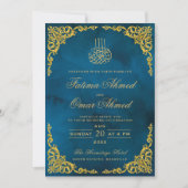 Invitation Mariage musulman islamique bleu avec une bordure d (Devant)