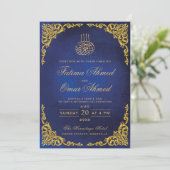 Invitation Mariage musulman islamique bleu avec une bordure d (Debout devant)