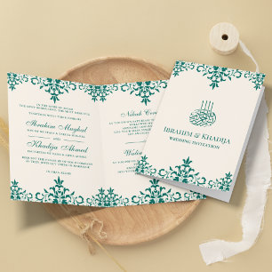 Invitation Mariage Musulman Islamique Damassé Crème et Turquo
