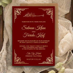 Invitation Mariage musulman islamique élégant or et bordeaux
