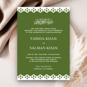 Invitation Mariage Musulman Islamique en Vert Olive et Dentel