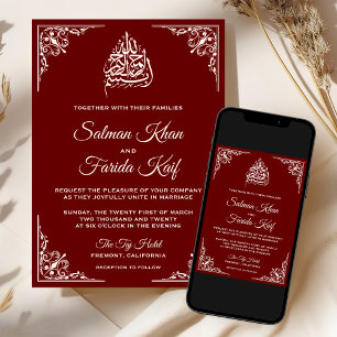 Invitation Mariage Musulman Islamique Rouge Marron Crème Élég