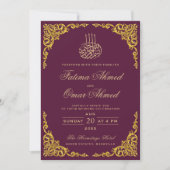 Invitation Mariage musulman islamique sangria à bordure dorée (Devant)