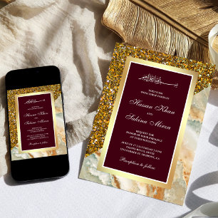 Invitation Mariage Musulman Marbre Brun Pailleté Or Bourgogne