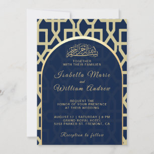 Invitation Mariage musulman Mihrab islamique bleu royal et or