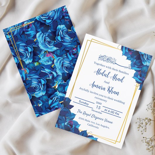 Invitation Mariage musulman moderne Floral Navy bleu et or
