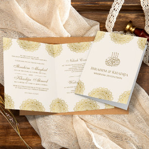 Invitation Mariage Musulman Motif Asiatique Crème et Or