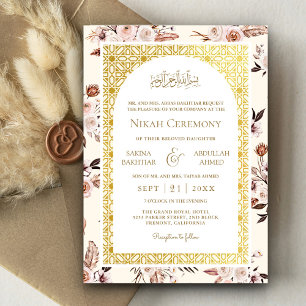 Invitation Mariage Musulman Motif Doré Floral Crème Terne