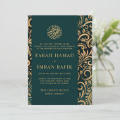 Invitation Mariage musulman musulman Motif orné d'or vert (Debout devant)