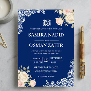 Invitation Mariage musulman Nikkah en dentelle florale bleu r