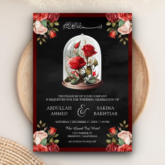 Invitation Mariage Musulman Noir Code QR Rose Rouge sous Dôme