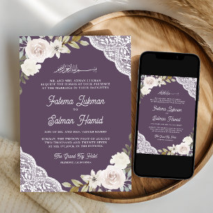 Invitation Mariage Musulman Roses en Dentelle Blanc Violet Po
