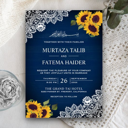 Invitation Mariage musulman Russe Blue Wood dentelle tourneso