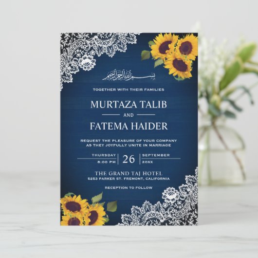 Invitation Mariage musulman Russe Blue Wood dentelle tourneso (Debout devant)