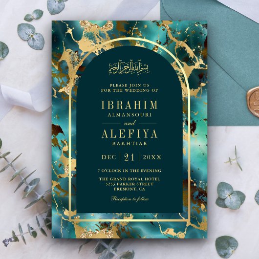 Invitation Mariage musulman Turquoise en marbre d'or
