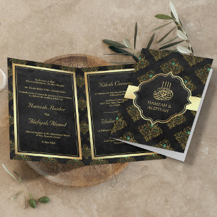 Invitation Mariage Musulman Vintage Rustique Noir Or Damassé