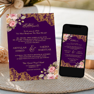 Invitation Mariage Musulman Violet Dentelle Dorée Fleur Rose