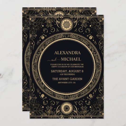 Invitation Mariage mystique céleste noir et or (Devant / Derrière)