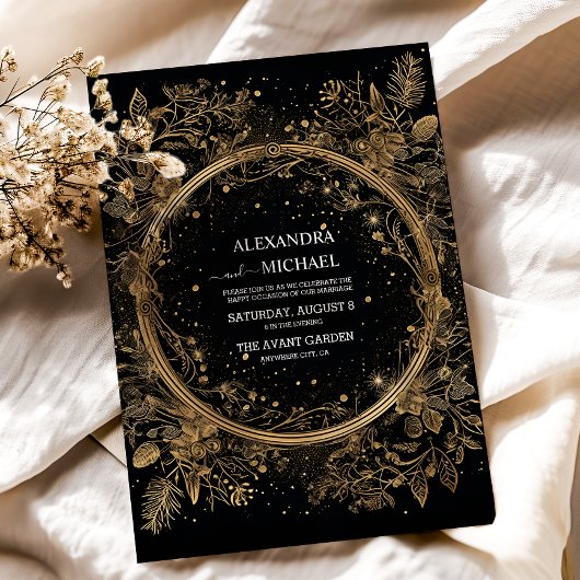 Invitation Mariage mystique céleste noir et or