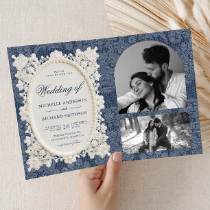 Invitation Mariage Nappe en Dentelle Ivoire Bleu Marine Ancie