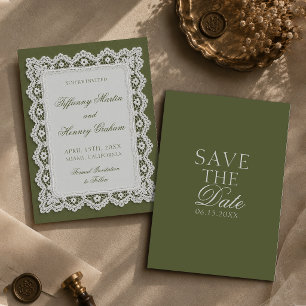 Invitation Mariage Nappe en Dentelle Vert Olive Ancien Argent