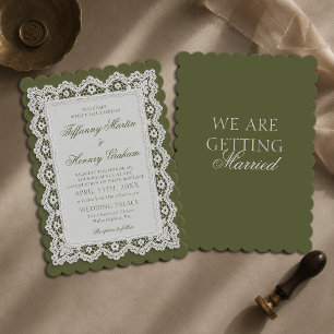 Invitation Mariage Nappe en Dentelle Vert Olive Ancien Argent