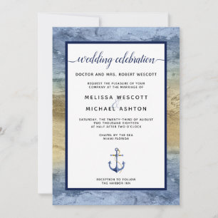 Invitation Mariage Nautical Blue & Gold Event / Floride
