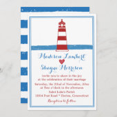 Invitation Mariage Nautical Red White Lighthouse Blue Stripes (Devant / Derrière)