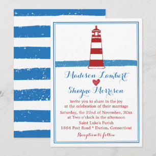 Invitation Mariage Nautical Red White Lighthouse Blue Stripes