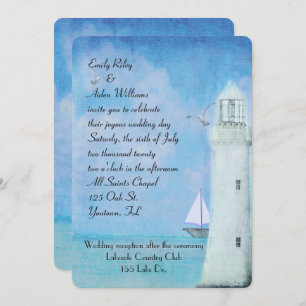 Invitation Mariage Nautical White Lighthouse et voilier