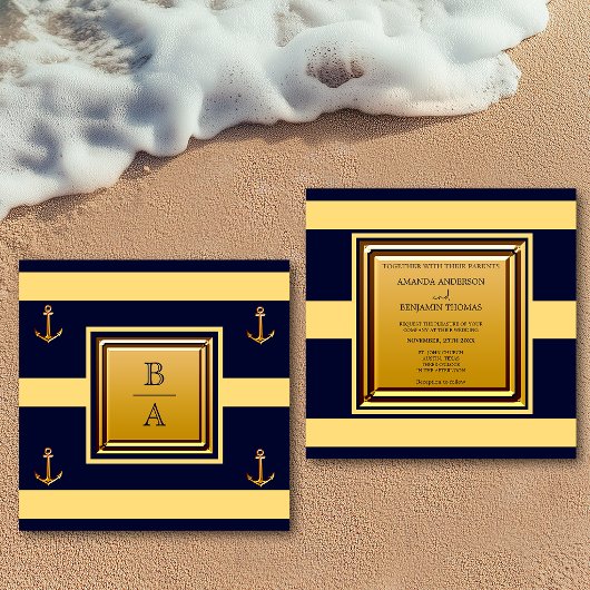 Invitation Mariage Naution Bleu Jaune Rayures Ancre