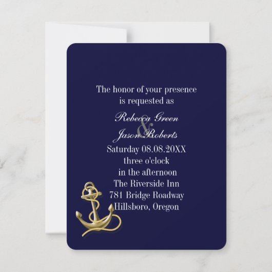 Invitation Mariage nautique ancre bleu marine de plage (Dos)