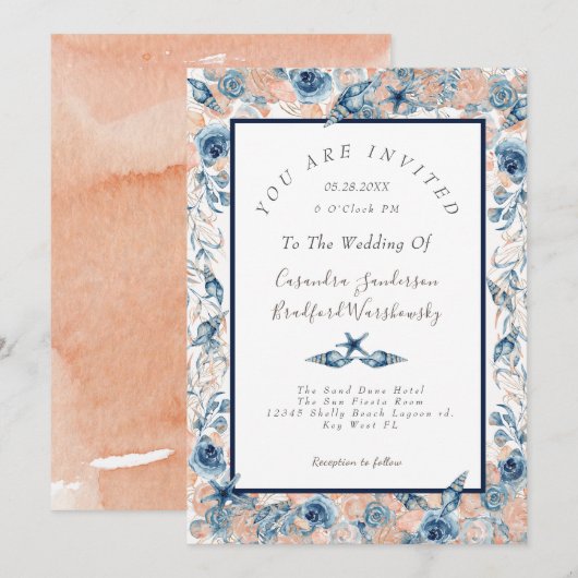 Invitation Mariage nautique Beach Coquille de mer Fleurs Rose (Devant / Derrière)