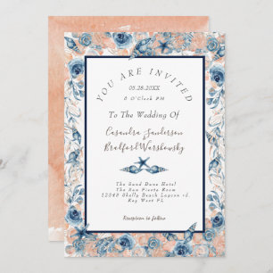 Invitation Mariage nautique Beach Coquille de mer Fleurs Rose