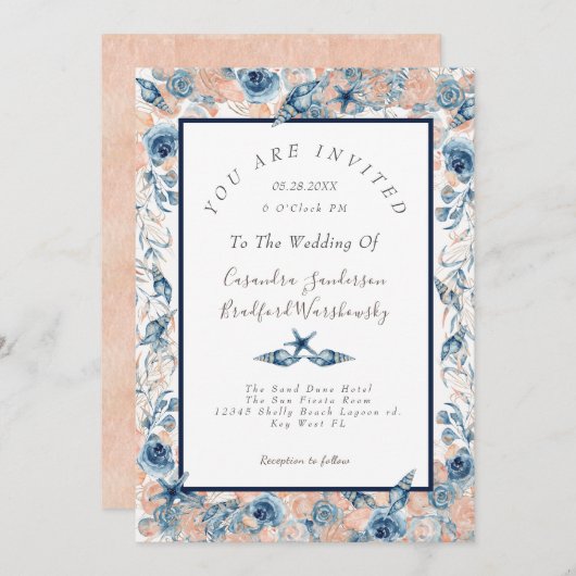 Invitation Mariage nautique Beach Sea Shell Flowers Rose LT (Devant / Derrière)