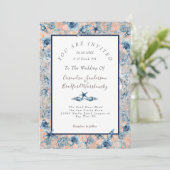 Invitation Mariage nautique  Beach Seashell Fleurs Rose Gris (Debout devant)