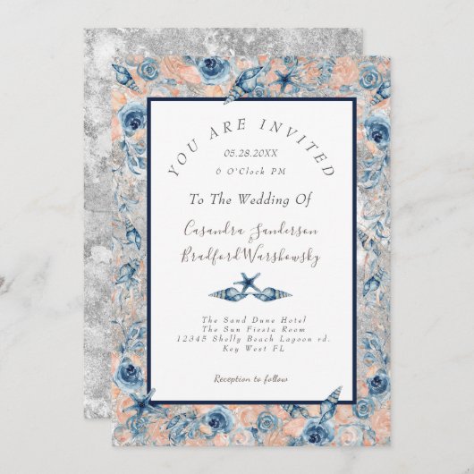 Invitation Mariage nautique  Beach Seashell Fleurs Rose Gris (Devant / Derrière)