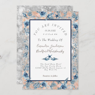 Invitation Mariage nautique  Beach Seashell Fleurs Rose Gris