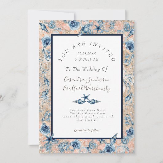 Invitation Mariage nautique Beach Seashell Fleurs Roses mer (Devant)