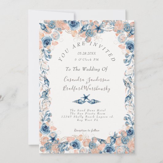 Invitation Mariage nautique  Beach Seashell Fleurs Roses mer (Devant)