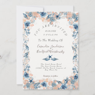 Invitation Mariage nautique  Beach Seashell Fleurs Roses mer