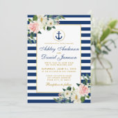 Invitation Mariage nautique Bleu rayures blanc rose floral (Debout devant)