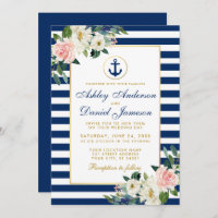Mariage nautique Bleu rayures blanc rose floral
