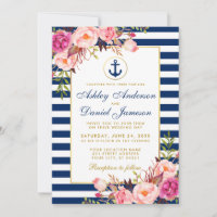 Mariage nautique Bleu rayures rose Floral Invitati