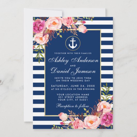 Invitation Mariage nautique Bleu rayures rose Floral Invitati (Devant)